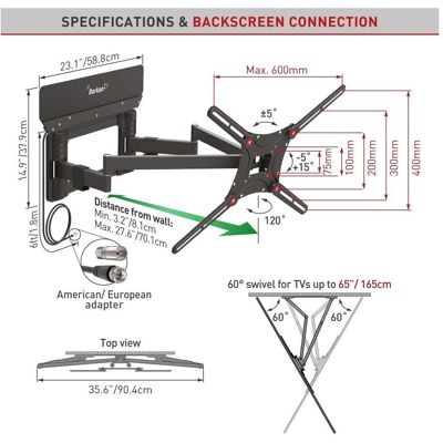 Barkan TV-Wandhalterung mit DVB-T Antenne bis 90" (Wand, 60 kg, 13" - 90"), TV Wandhalterung, Schwarz Barkan TV-Wandhalterung mit DVB-T Antenne bis 90" (Wand, 60 kg, 13" - 90"), TV Wandhalterung, Schwarz