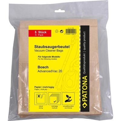 Patona 5 Staubsaugerbeutel mehrlagig Papier inkl. Microfilter f. Bosch AdvancedVac 20 2609256F33, Staubsaugerbeutel Patona 5 Staubsaugerbeutel mehrlagig Papier inkl. Microfilter f. Bosch AdvancedVac 20 2609256F33, Staubsaugerbeutel