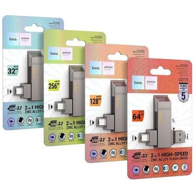 Hoco Memory cards pendrive USB A + USB C UD15 128GB USB3.2 (128 GB, USB-A, USB-C), USB Stick, Grau Hoco Memory cards pendrive USB A + USB C UD15 128GB USB3.2 (128 GB, USB-A, USB-C), USB Stick, Grau