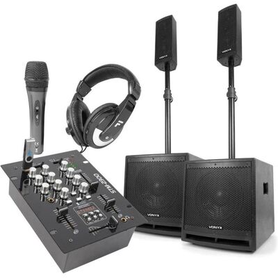 Vonyx 2.2 DJ -Lautsprecher -Set mit Mixer und freiem Zubehör, Zubehör DJ, Schwarz Vonyx 2.2 DJ -Lautsprecher -Set mit Mixer und freiem Zubehör, Zubehör DJ, Schwarz