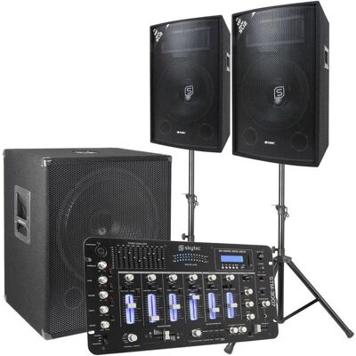 Skytec 2.1 Komplett DJ Live -Set 1600 Watt Met Mixer En Kabels (Aktiv), PA Lautsprecher, Schwarz Skytec 2.1 Komplett DJ Live -Set 1600 Watt Met Mixer En Kabels (Aktiv), PA Lautsprecher, Schwarz