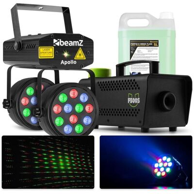 BeamZ lichtset met laser, PAR spots en 500W rookmachine met 5 liter rookvloeistof (500 W), Scheinwerfer, Mehrfarbig BeamZ lichtset met laser, PAR spots en 500W rookmachine met 5 liter rookvloeistof (500 W), Scheinwerfer, Mehrfarbig