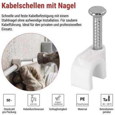 Emos, Kabelhalter, Kabelschelle 6 mm, weiss, 50 Stk Emos, Kabelhalter, Kabelschelle 6 mm, weiss, 50 Stk