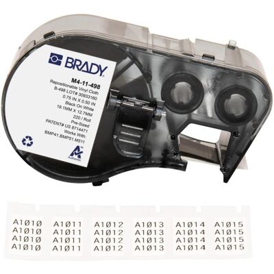 Brady, Etikettenrolle, M4-11-498, wiederablösbares Vinylgewebe, Schwarz auf weiss, 19.05 x 12.70 mm, max. Kabeldurch Brady, Etikettenrolle, M4-11-498, wiederablösbares Vinylgewebe, Schwarz auf weiss, 19.05 x 12.70 mm, max. Kabeldurch