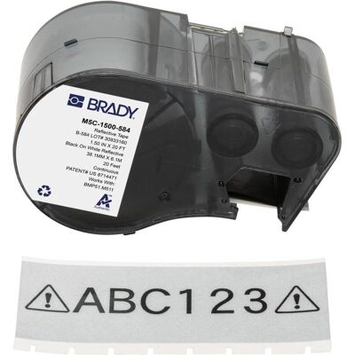 Brady, Etikettenrolle, M5C-1500-584, reflektierendes Vinylband, Schwarz auf weiss, 38.10 mm x 6.10 m, permanent, End (38.10 mm) Brady, Etikettenrolle, M5C-1500-584, reflektierendes Vinylband, Schwarz auf weiss, 38.10 mm x 6.10 m, permanent, End (38.10 mm)