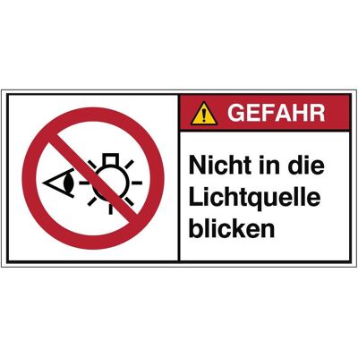Brady, Sicherheitskennzeichnung, P/P075/DE446-PEUL-100X50/1, ISO-Sicherheitsschild - Nicht in die Lichtquelle blicken Brady, Sicherheitskennzeichnung, P/P075/DE446-PEUL-100X50/1, ISO-Sicherheitsschild - Nicht in die Lichtquelle blicken