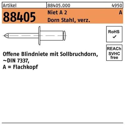 Nieten, Blindniete R 88405 Flachkopf 5 x 8 Niet A 2/Dorn Stahl verzinkt Nieten, Blindniete R 88405 Flachkopf 5 x 8 Niet A 2/Dorn Stahl verzinkt