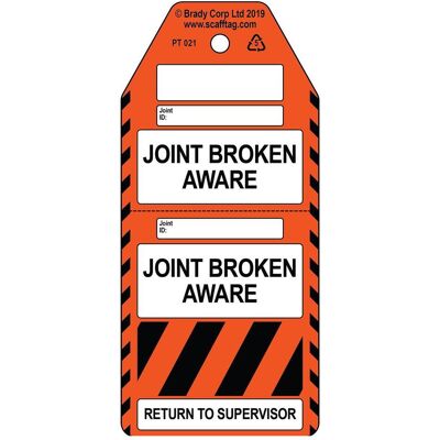 Brady, Sicherheitskennzeichnung, PROC-GB-PT 021-50, Zweiteiliger Joint Broken Aware - Anhänger, Polypropylene, Schwarz auf Or Brady, Sicherheitskennzeichnung, PROC-GB-PT 021-50, Zweiteiliger Joint Broken Aware - Anhänger, Polypropylene, Schwarz auf Or