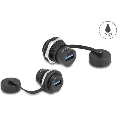 Delock USB 3.2 Gen 1 Typ-A Einbaubuchse mit Verschlusskappe IP67 staub- und wasserdicht, Elektronikkabel + Stecker, Schwarz Delock USB 3.2 Gen 1 Typ-A Einbaubuchse mit Verschlusskappe IP67 staub- und wasserdicht, Elektronikkabel + Stecker, Schwarz