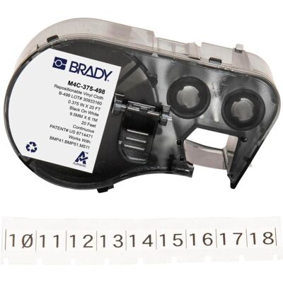 Brady, Etikettenrolle, M4C-375-498, wiederablösbares Vinylgewebe, Schwarz auf weiss, 9.53 mm x 4.88 m, Endlos Brady, Etikettenrolle, M4C-375-498, wiederablösbares Vinylgewebe, Schwarz auf weiss, 9.53 mm x 4.88 m, Endlos