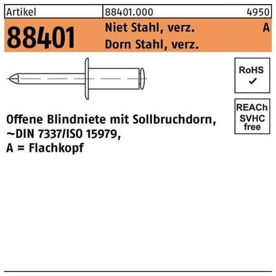 Nieten, Blindniete R 88401 Flachkopf 3 x 10 Niet Stahl verzinkt/Dorn Stahl verzinkt Nieten, Blindniete R 88401 Flachkopf 3 x 10 Niet Stahl verzinkt/Dorn Stahl verzinkt