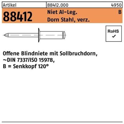 Nieten, Blindniete R 88412 Senkkopf 5 x 10 Niet Aluminium/Dorn Stahl verzinkt Nieten, Blindniete R 88412 Senkkopf 5 x 10 Niet Aluminium/Dorn Stahl verzinkt