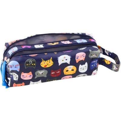Lean Toys, Etui, Federmäppchen für die Schule, bunte Katzen, zwei Taschen, Marineblau, 22 cm Lean Toys, Etui, Federmäppchen für die Schule, bunte Katzen, zwei Taschen, Marineblau, 22 cm