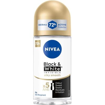 NIVEA, Deo, Black & White Invisible Silky Smooth Antiperspirant Effective 5in1 Protection Against Sweating (Roll-on, 50 ml) NIVEA, Deo, Black & White Invisible Silky Smooth Antiperspirant Effective 5in1 Protection Against Sweating (Roll-on, 50 ml)