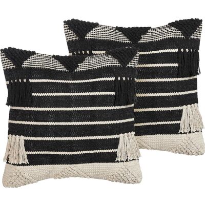 Beliani Set mit 2 Baumwollkissen Beige und Schwarz - Geometrisches Muster Beliani Set mit 2 Baumwollkissen Beige und Schwarz - Geometrisches Muster