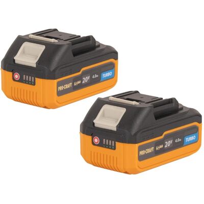 Procraft, Werkzeugakku + Ladegerät, 2x 20/4 Turbo Akku 20 V 4,0 Ah / 4000 mAh Li-ion mit Ladestandsanzeige (20 V) Procraft, Werkzeugakku + Ladegerät, 2x 20/4 Turbo Akku 20 V 4,0 Ah / 4000 mAh Li-ion mit Ladestandsanzeige (20 V)