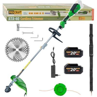 Procraft, Rasentrimmer, ATA-40 Akku Freischneider 20 V 420 mm Brushless + 2x Akku 4,0 Ah + Ladegerät (Metallschneideblatt, Trimmfaden) Procraft, Rasentrimmer, ATA-40 Akku Freischneider 20 V 420 mm Brushless + 2x Akku 4,0 Ah + Ladegerät (Metallschneideblatt, Trimmfaden)