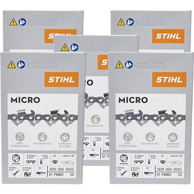 Stihl, Zubehör Gartenmaschinen, 5x 3/8" Picco Micro Mini 3 (PMM3) Sägekette 40 cm 3/8" P 1,3 mm 55 TG 5 Stück ( 5x (Kettensäge, Sägekette) Stihl, Zubehör Gartenmaschinen, 5x 3/8" Picco Micro Mini 3 (PMM3) Sägekette 40 cm 3/8" P 1,3 mm 55 TG 5 Stück ( 5x (Kettensäge, Sägekette)