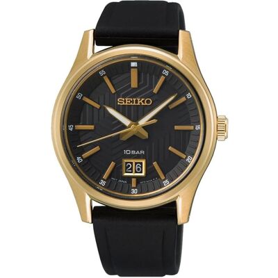 Seiko Armbanduhr, Analoge Quarzuhr mit goldbeschichteter Edelstahlhülle und flexiblem Silikonarmband, Schwarz, Gold, (Analoguhr, 39.50 mm) Seiko Armbanduhr, Analoge Quarzuhr mit goldbeschichteter Edelstahlhülle und flexiblem Silikonarmband, Schwarz, Gold, (Analoguhr, 39.50 mm)