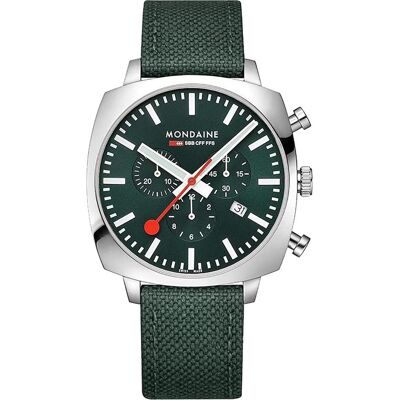 Mondaine, Armbanduhr, Grand Cushion, Grün, Grau, (Chronograph, Swiss Made, 41 mm) Mondaine, Armbanduhr, Grand Cushion, Grün, Grau, (Chronograph, Swiss Made, 41 mm)