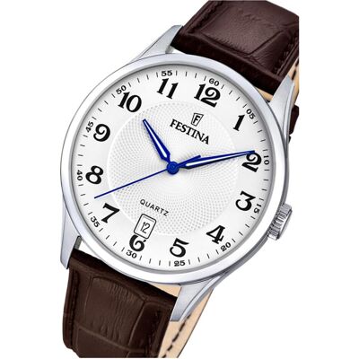 Festina, Armbanduhr, Klassik, Weiss, Silber, Braun, (Analoguhr, 43 mm) Festina, Armbanduhr, Klassik, Weiss, Silber, Braun, (Analoguhr, 43 mm)