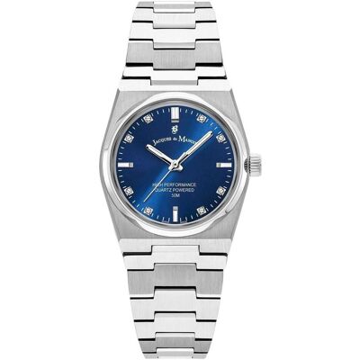 Jacques du Manoir, Armbanduhr, Analoog dameshorloge met roestvrijstalen armband, zilver, Silber, Blau, (Swiss Made, 31 mm) Jacques du Manoir, Armbanduhr, Analoog dameshorloge met roestvrijstalen armband, zilver, Silber, Blau, (Swiss Made, 31 mm)