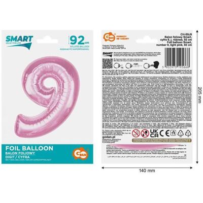 GoDan Balon foliowy cyfra 9 jasnoróżowa Smart 92cm GoDan Balon foliowy cyfra 9 jasnoróżowa Smart 92cm