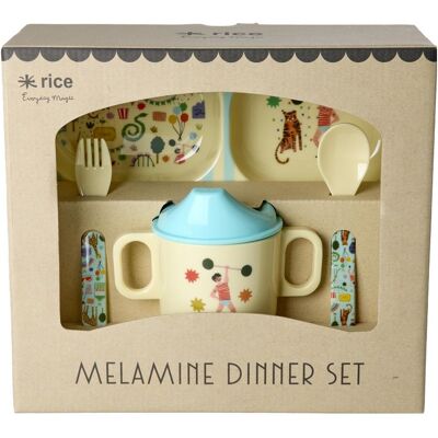 Rice, Kindergeschirr + Kinderbesteck, - Melamine Baby Dinner Set - Fun Fair Print - Mint and Blue Rice, Kindergeschirr + Kinderbesteck, - Melamine Baby Dinner Set - Fun Fair Print - Mint and Blue