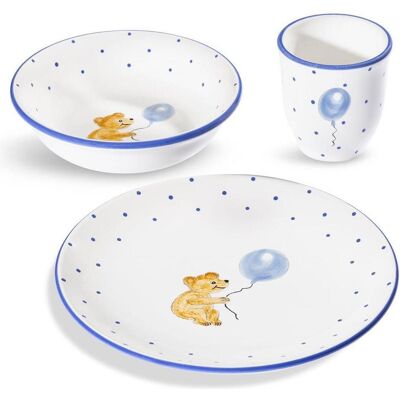 Gmundner Keramik, Kindergeschirr + Kinderbesteck, Tupferl Blau, Kinderset 3-tlg. mitBär Gmundner Keramik, Kindergeschirr + Kinderbesteck, Tupferl Blau, Kinderset 3-tlg. mitBär