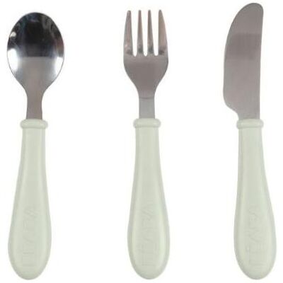 Beaba, Kindergeschirr + Kinderbesteck, Lernset Inox (Löffel-Gabel-Messer) grüngrau Beaba, Kindergeschirr + Kinderbesteck, Lernset Inox (Löffel-Gabel-Messer) grüngrau