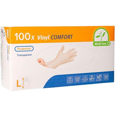 Papstar, Schutzhandschuhe, Einmalhandschuhe Medi-Inn Comfort, Vinyl, puderfrei, latexfrei, transparent, 100 Stück (L) Papstar, Schutzhandschuhe, Einmalhandschuhe Medi-Inn Comfort, Vinyl, puderfrei, latexfrei, transparent, 100 Stück (L)