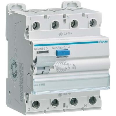 Hager CEA663D - Fehlerstromschutzschalter - 4-polig 10kA 63A 100mA Hager CEA663D - Fehlerstromschutzschalter - 4-polig 10kA 63A 100mA