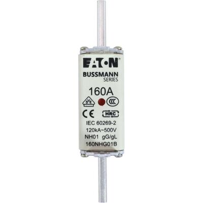 Eaton, Sicherung, Sicherungseinsatz, Niederspannung, 160 A, AC 500 V, 120 kA, NH01, gL/gG, IEC, Doppelkennmelder, span (160 A) Eaton, Sicherung, Sicherungseinsatz, Niederspannung, 160 A, AC 500 V, 120 kA, NH01, gL/gG, IEC, Doppelkennmelder, span (160 A)