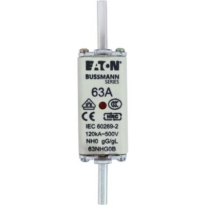 Eaton, Sicherung, Sicherungseinsatz, Niederspannung, 63 A, AC 500 V, 120 kA, NH0, gL/gG, IEC, Doppelkennmelder, spannu (63 A) Eaton, Sicherung, Sicherungseinsatz, Niederspannung, 63 A, AC 500 V, 120 kA, NH0, gL/gG, IEC, Doppelkennmelder, spannu (63 A)