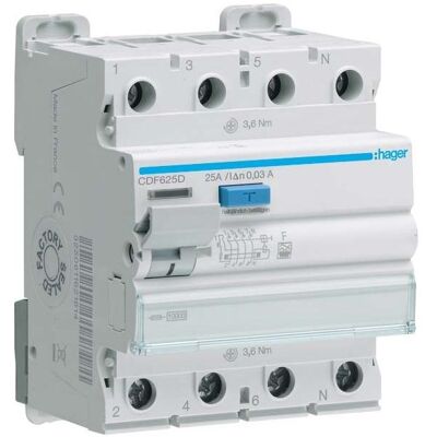 Hager CDF625D - Fehlerstromschutzschalter - 4P 25A 30mA Hager CDF625D - Fehlerstromschutzschalter - 4P 25A 30mA