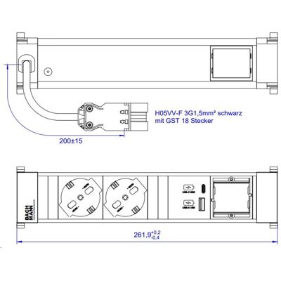 Bachmann, Steckdosenleiste, Power Frame M 2xP40 916.5361xUSB A&C 22W 1xCM 0.2m GST18 (2x, USB-A, USB-C) Bachmann, Steckdosenleiste, Power Frame M 2xP40 916.5361xUSB A&C 22W 1xCM 0.2m GST18 (2x, USB-A, USB-C)