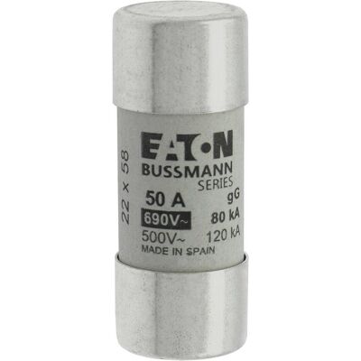 Eaton, Sicherung, Sicherungseinsatz, Niederspannung, 50 A, AC 690 V, 80 kA, 22 x 58 mm, gL/gG, IEC C22G50 (50 A) Eaton, Sicherung, Sicherungseinsatz, Niederspannung, 50 A, AC 690 V, 80 kA, 22 x 58 mm, gL/gG, IEC C22G50 (50 A)