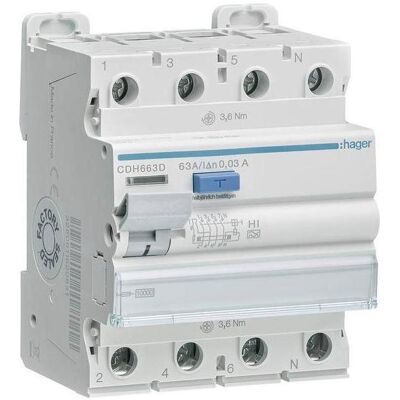 Hager CDH663D Fehlerstromschutzschalter - 4-polig 63A 30mA - RCCB Hager CDH663D Fehlerstromschutzschalter - 4-polig 63A 30mA - RCCB