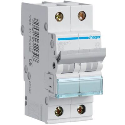 Hager, Schutzschalter, MBN210. Anzahl der Pole: 2P. AC Eingangsfrequenz: 50/60 Hz, Nominale Stromabgabe: 10 A Hager, Schutzschalter, MBN210. Anzahl der Pole: 2P. AC Eingangsfrequenz: 50/60 Hz, Nominale Stromabgabe: 10 A
