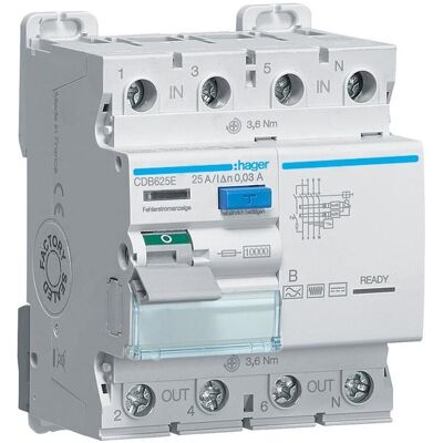 Hager CDB625E - Fehlerstromschutzschalter - 4-polig 10kA 30mA Typ B Hager CDB625E - Fehlerstromschutzschalter - 4-polig 10kA 30mA Typ B