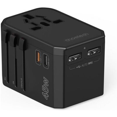 Choetech PD6045 USB-C USB-A 45W GaN Reiseladegerät mit US EU UK AU Steckern – Schwarz (45 W, 4 Ports), USB Ladegerät, Schwarz Choetech PD6045 USB-C USB-A 45W GaN Reiseladegerät mit US EU UK AU Steckern – Schwarz (45 W, 4 Ports), USB Ladegerät, Schwarz