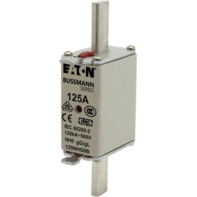 Eaton, Sicherung, Sicherungseinsatz, Niederspannung, 125 A, AC 500 V, 120 kA, NH0, gL/gG, IEC, Doppelkennmelder, spann (125 A) Eaton, Sicherung, Sicherungseinsatz, Niederspannung, 125 A, AC 500 V, 120 kA, NH0, gL/gG, IEC, Doppelkennmelder, spann (125 A)