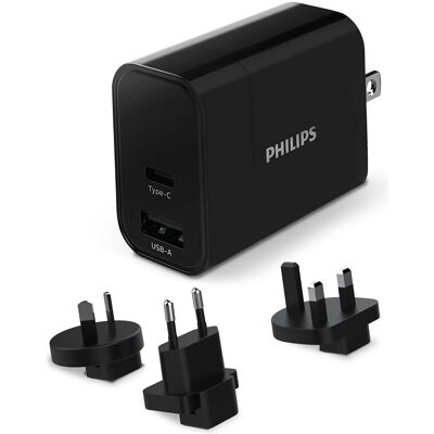 Philips Travel charger 230V DLP2621T04 (30 W, 2 Ports), USB Ladegerät, Schwarz, Grau, Silber Philips Travel charger 230V DLP2621T04 (30 W, 2 Ports), USB Ladegerät, Schwarz, Grau, Silber
