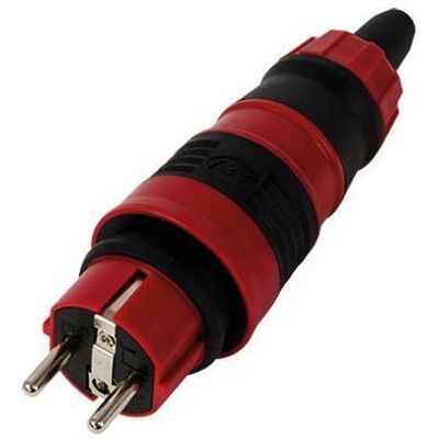 REV, Netzstecker + Netzkupplung, Profi Schutzkontakt-Stecker, spritzwassergeschützt (IP44), Polycarbonat-Gummi-Gehäuse, rot-schwarz REV, Netzstecker + Netzkupplung, Profi Schutzkontakt-Stecker, spritzwassergeschützt (IP44), Polycarbonat-Gummi-Gehäuse, rot-schwarz