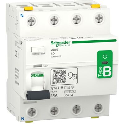 Schneider Electric, Schutzschalter, Fehlerstrom-Schutzschalter Allstromsensitiv iID, 4P, 25A, Typ B-SI, 300mA Schneider Electric, Schutzschalter, Fehlerstrom-Schutzschalter Allstromsensitiv iID, 4P, 25A, Typ B-SI, 300mA
