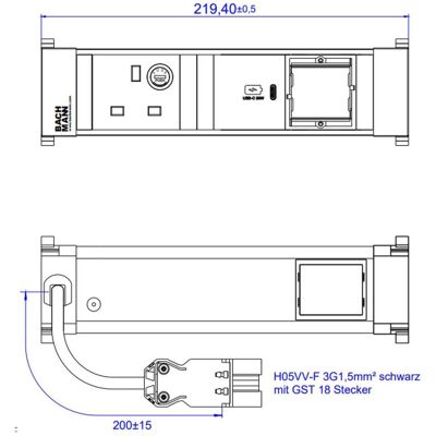 Bachmann, Steckdosenleiste, POWER FRAME S 1xUK916.5211xUSB C 30W 1xCM 0,2m GST18 (1x, BS 1363, CEE 7/3) Bachmann, Steckdosenleiste, POWER FRAME S 1xUK916.5211xUSB C 30W 1xCM 0,2m GST18 (1x, BS 1363, CEE 7/3)