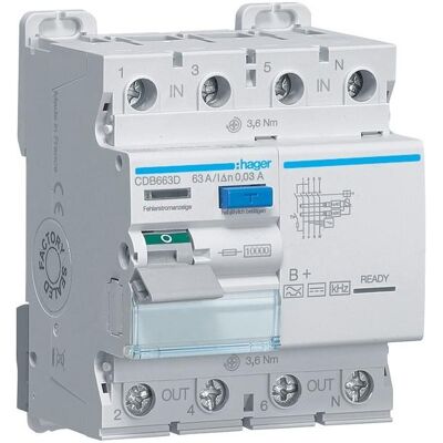 Hager CDB663D Fehlerstromschutzschalter - 4-polig, 10kA, 63A, 30mA, Typ B+ Hager CDB663D Fehlerstromschutzschalter - 4-polig, 10kA, 63A, 30mA, Typ B+