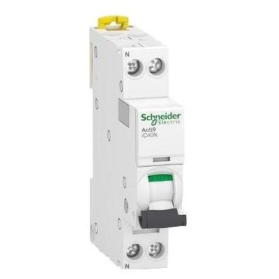Schneider Electric, Schutzschalter, Acti9 automatsikring, 1P + N, 4A, 230V 6/10 kA, C-karakteristik, enkelt terminal, bredde 18 mm. Schneider Electric, Schutzschalter, Acti9 automatsikring, 1P + N, 4A, 230V 6/10 kA, C-karakteristik, enkelt terminal, bredde 18 mm.