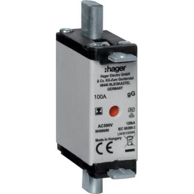 Hager, Sicherung, NH-Sicherungseinsatz NH000 gG, 500 V, isolierte Grifflasche, 100 A (100 A) Hager, Sicherung, NH-Sicherungseinsatz NH000 gG, 500 V, isolierte Grifflasche, 100 A (100 A)