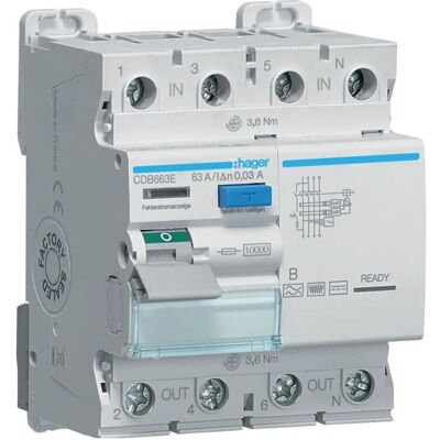 Hager, Schutzschalter, CDB663E FI-Schutzschalter 4p 10kA 63A 30mA TypB Hager, Schutzschalter, CDB663E FI-Schutzschalter 4p 10kA 63A 30mA TypB